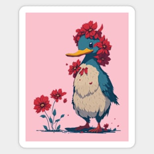 Cute Duck With Red Flowers Magnet